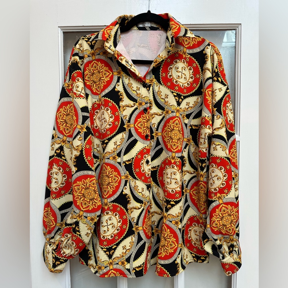GF Grass-Fields Chic Medallion Top Blouse Balloon Sleeve UK Size 14 US Size 10